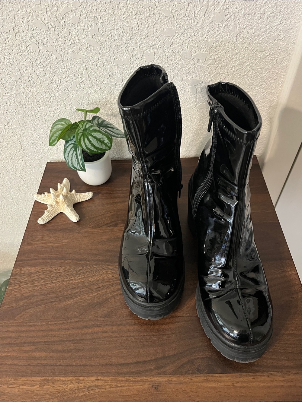 Patent Black Platform Ankle Booties with Front Zip Madden NYC